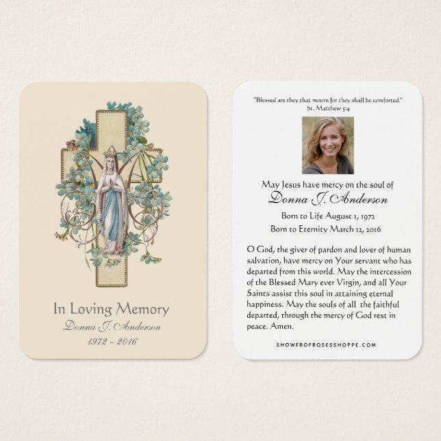 Jungfrau Mary Katholic Funeral Memorial Holcard - (Vorne & Hinten)