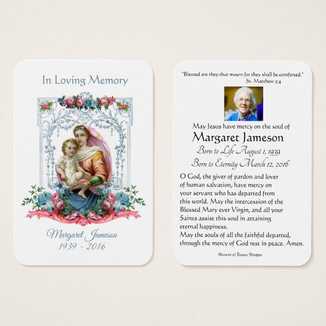 Jungfrau Mary Katholic Funeral Memorial Holcard - (Vorne & Hinten)