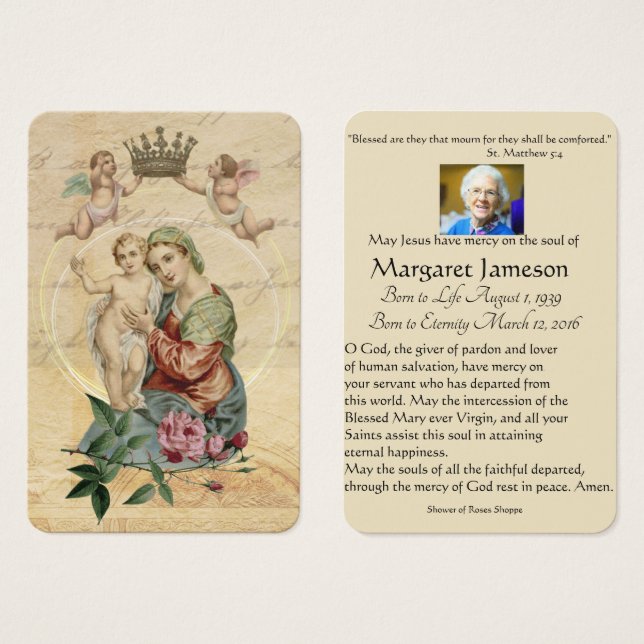 Jungfrau Mary Katholic Funeral Memorial Holcard - (Vorne & Hinten)