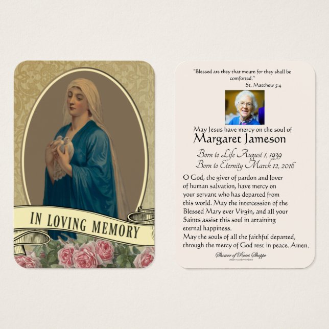 Jungfrau Mary Katholic Funeral Memorial Holcard - (Vorne & Hinten)