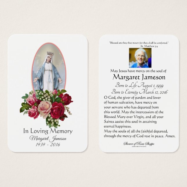 Jungfrau Mary Katholic Funeral Memorial Holcard - (Vorne & Hinten)