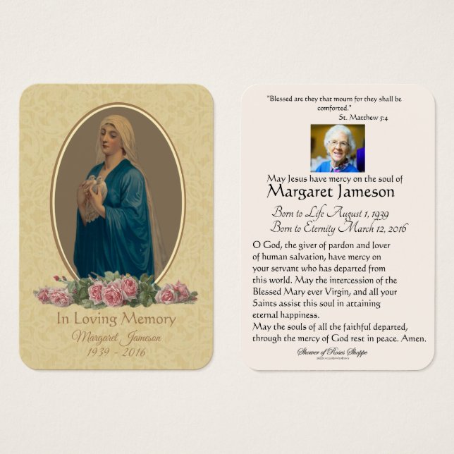 Jungfrau Mary Katholic Funeral Memorial Holcard - (Vorne & Hinten)