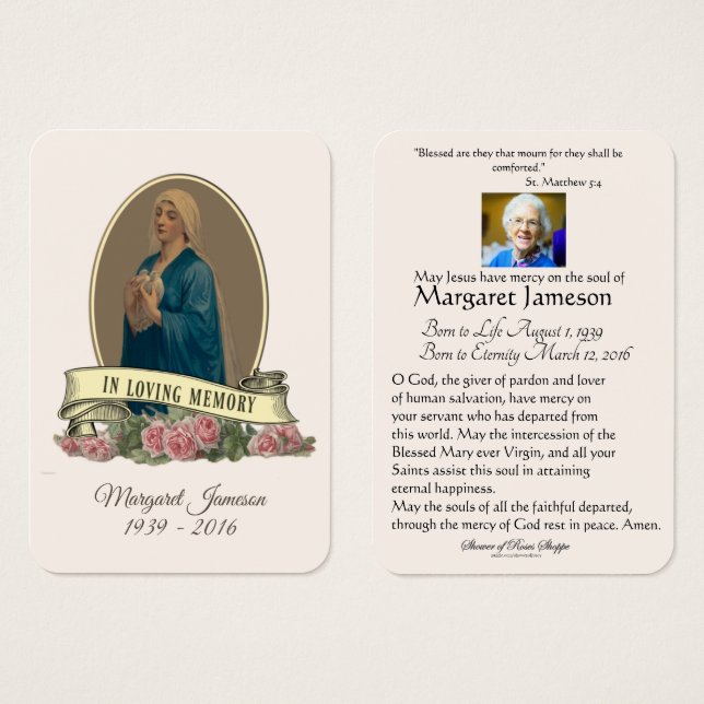 Jungfrau Mary Katholic Funeral Memorial Holcard - (Vorne & Hinten)