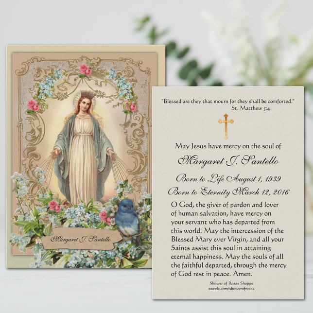 Jungfrau Mary Katholic Funeral Memorial Holcard - Visitenkarte (Traditional Catholic Funeral Prayer Card of the Blessed Virgin Mary, Our Lady of Grace)