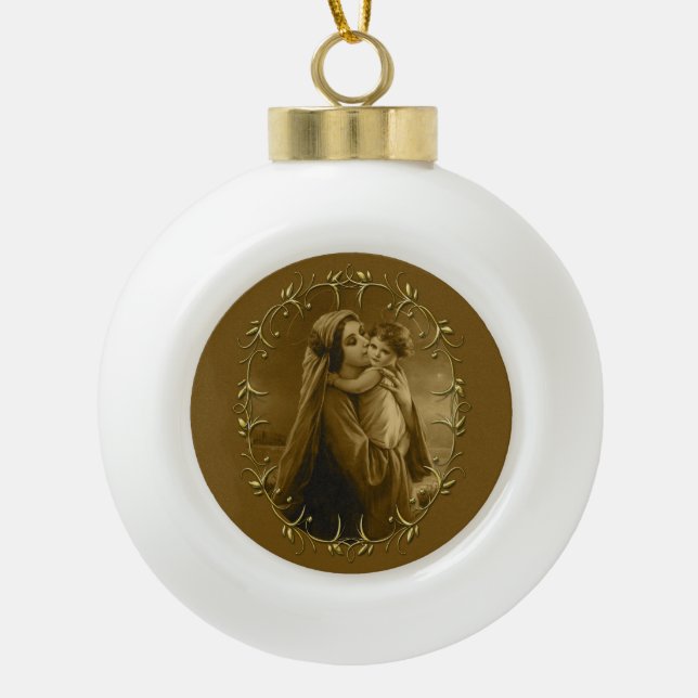 Jungfrau Mary mit Child Jesus, Goldrand Design Keramik Kugel-Ornament (Vorderseite)