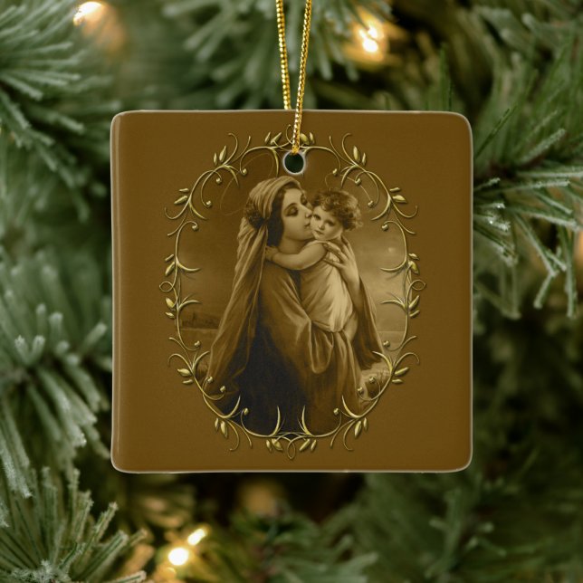Jungfrau Mary mit Child Jesus, Goldrand Design Keramikornament (Baum)