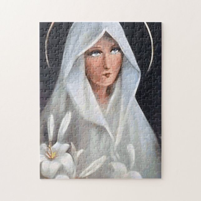 Jungfrau Mary mit White Mantle und Lilies Puzzle (Vertikal)