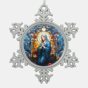 Jungfrau Mary Praing - Hartglas Schneeflocken Zinn-Ornament
