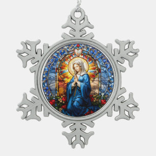 Jungfrau Mary Praying Stettingglas Schneeflocken Zinn-Ornament