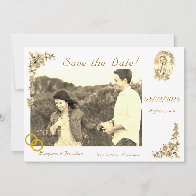 Jungfrau Mary Sepia katholische Hochzeit retten da Save The Date (Vorderseite)