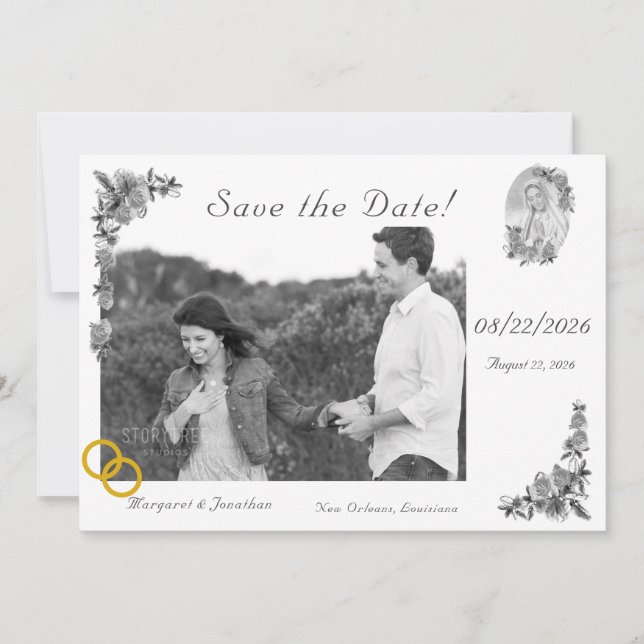 Jungfrau Mary Silver katholische Hochzeit retten d Save The Date (Vorderseite)