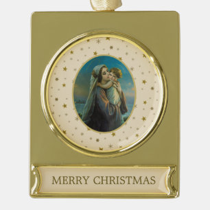 Jungfrau Mary und Baby Jesus auf dem Sternenhimmel Banner-Ornament Gold