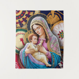 Jungfrau Mary und Baby Jesus in bestickten Textili Wandteppich