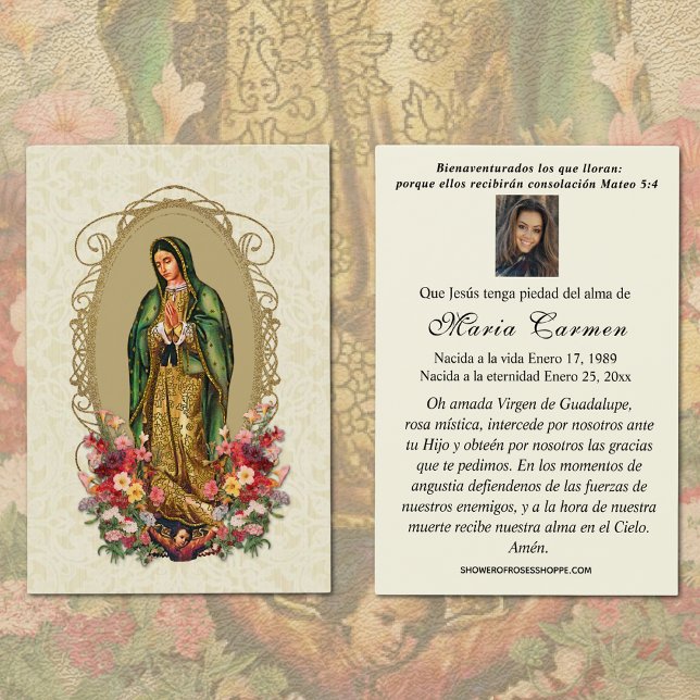 Jungfrau Mexico Guadalupe Spanisches Beerdigungsge (Spanish Catholic Our Lady of Guadalupe Funeral Prayer Card)