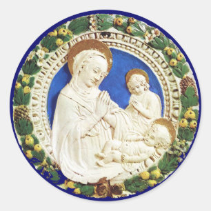 JUNGFRAU MIT KIND, Blumenweihnachtskrone Runder Aufkleber