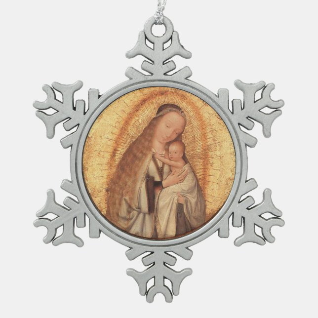 JUNGFRAU MIT KIND SCHNEEFLOCKEN Zinn-Ornament (Vorderseite)
