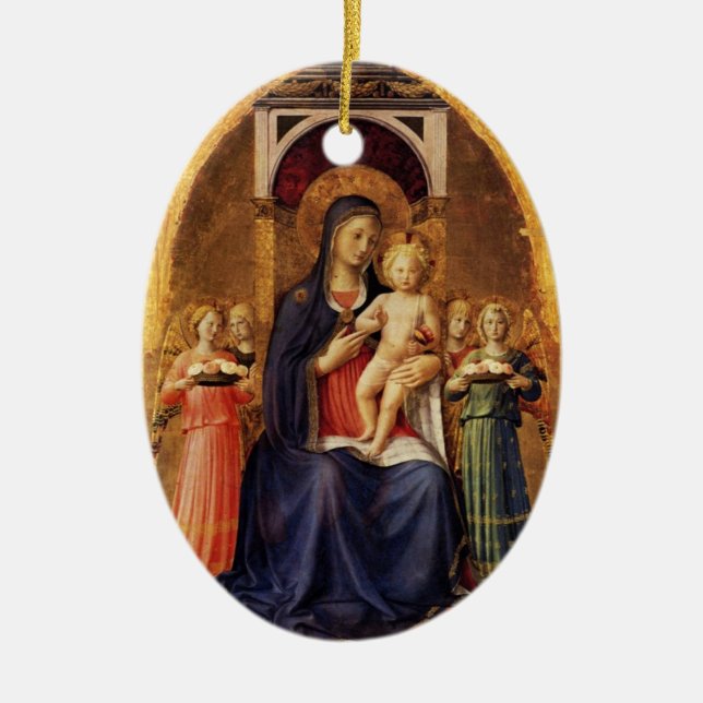 JUNGFRAU MIT KIND UND ANGELN, Blue Saphir Keramikornament (Vorne)