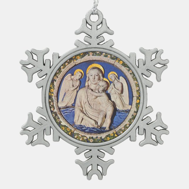 JUNGFRAU MIT KINDERN UND ANGELN SCHNEEFLOCKEN Zinn-Ornament (Vorderseite)