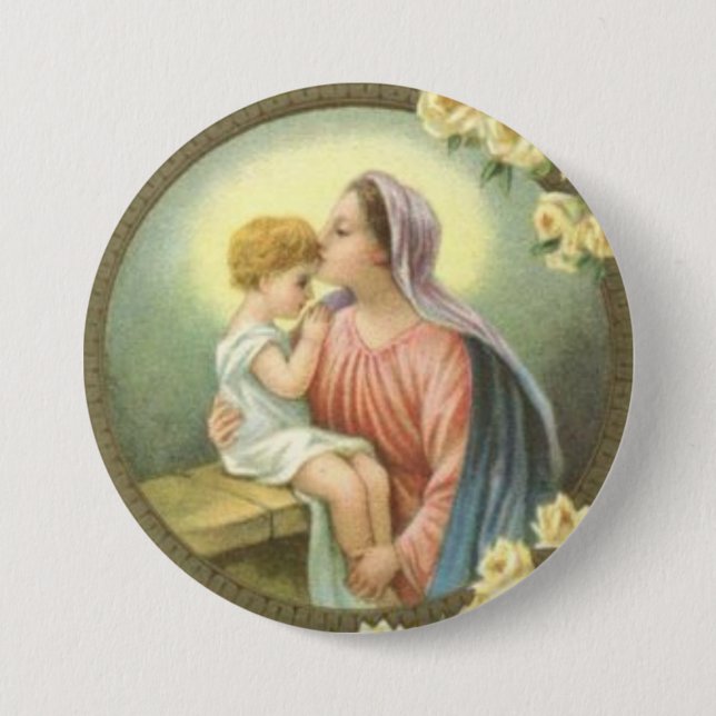 Jungfrau-Mutter Mary, welche die Baby-Jesus-Rosen Button (Vorderseite)