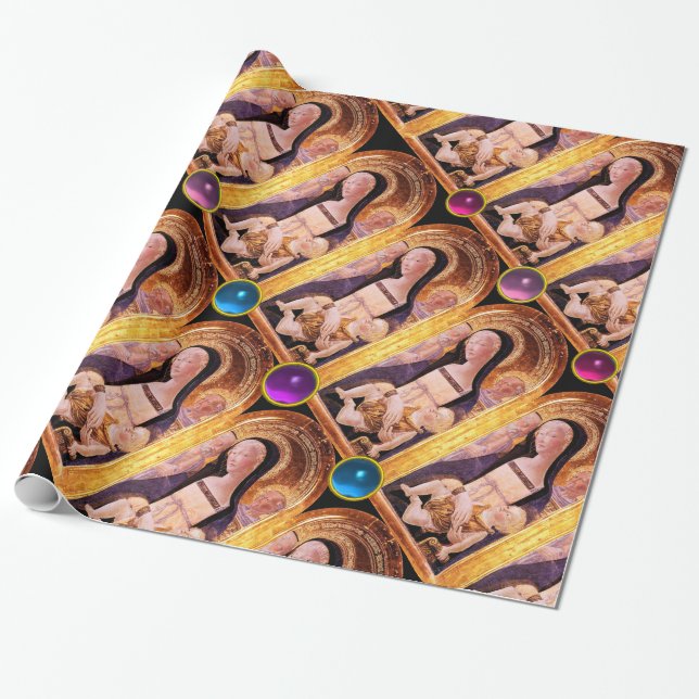 JUNGFRAU UND KIND MIT BLAU, PINK, LILA GEMSTONEN GESCHENKPAPIER (Ungerollt)