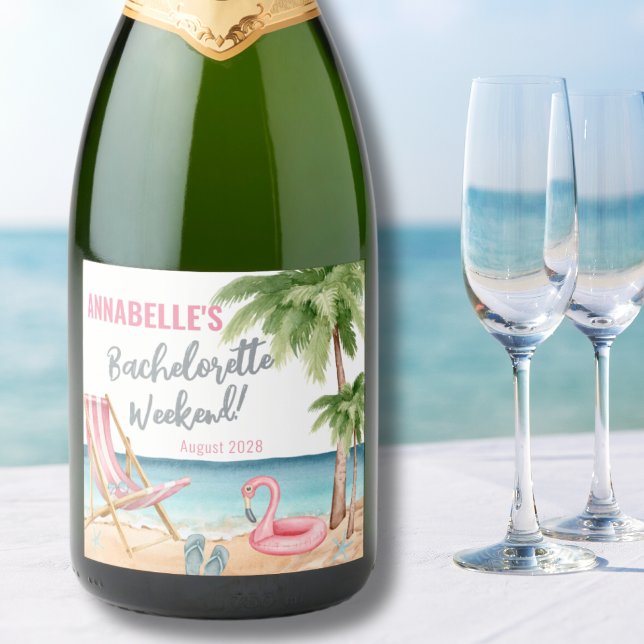 Junggeselinnen-Abschied am farbenfrohen Strand (Watercolor Beach Bachelorette Party Sparkling Wine Label )