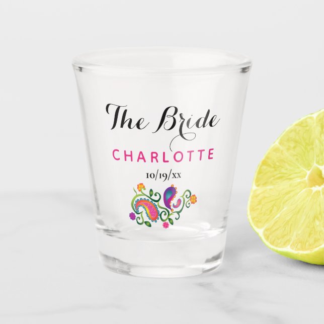 Junggeselinnen-Abschied Bride Wedding Pink Paisley Schnapsglas (Vorderseite)