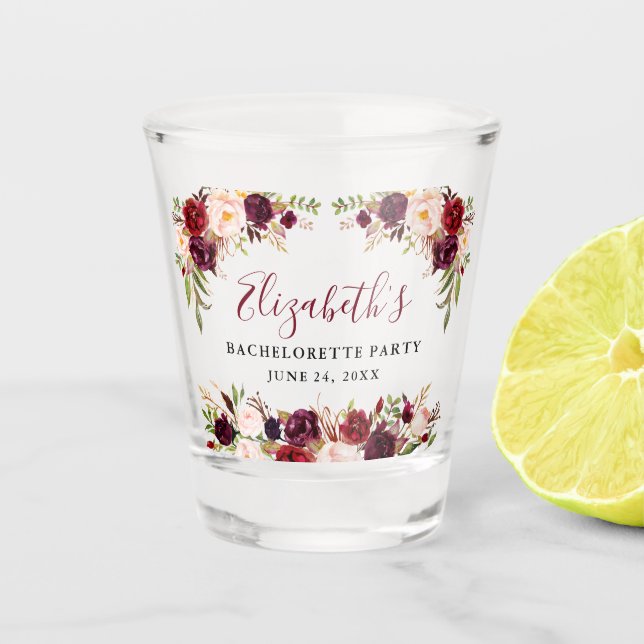 Junggeselinnen-Abschied Burgund Wasserfarben Schnapsglas (Vorderseite)