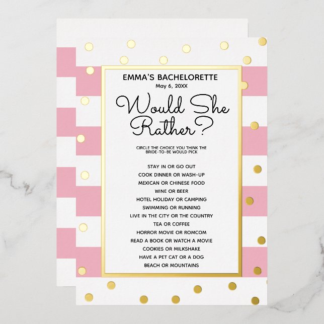 Junggeselinnen-Abschied Game - Würde sie eher? Bri Folieneinladung (Vorderseite/Rückseite)