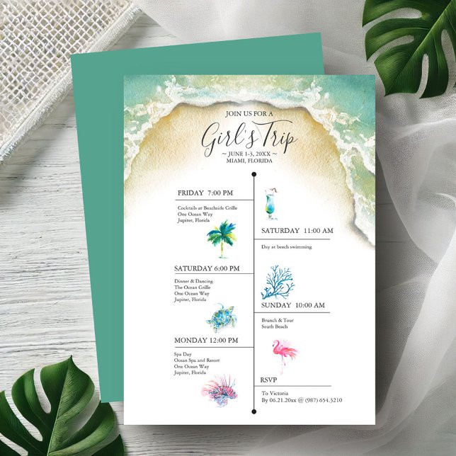 Junggeselinnen-Abschied Girls Tour (Beach bachelorette party invitations watercolor tropical art by Victoria Grigaliunas DoTellABelle)