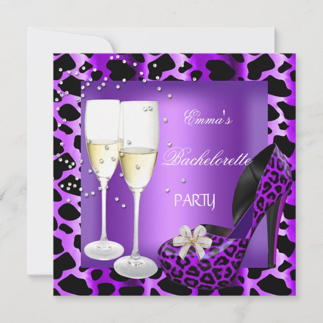 Junggeselinnen-Abschied Lila Leopard Black Shoes Einladung (Vorderseite)