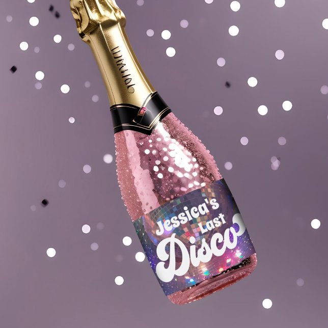 Junggeselinnen-Abschied Lila Mirror Ball Letzte Di (Last disco themed bachelorette party mini champagne bottle labels in purple and pink)