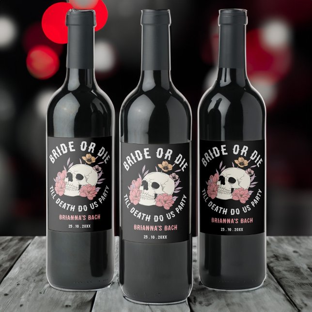 Junggeselinnen-Abschied mit schwarzem Retroschädel Weinetikett (Bride or die black retro skull bachelorette party personalized wine labels till death do us party)