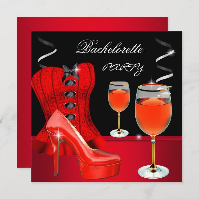 Junggeselinnen-Abschied Red Shoe Corset Black Wine Einladung (Vorne/Hinten)