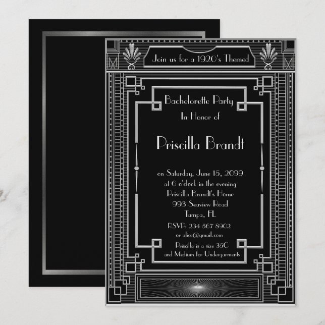 Junggeselinnen-Abschiedseinladung, großes Gatsby, Einladung (Vorne/Hinten)