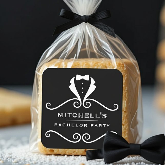 Junggesellenabschied Anzug Fliege Schwarz & Rot Quadratischer Aufkleber (Von Creator hochgeladen)