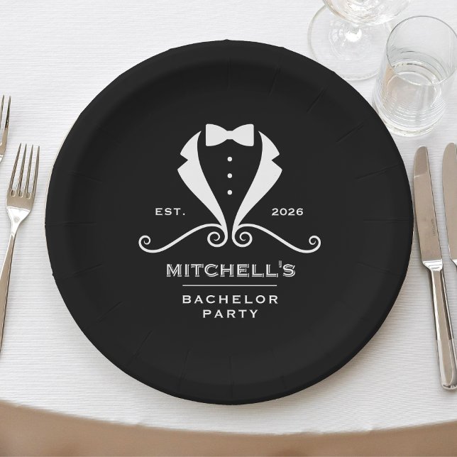 Junggesellenabschied Smoking Anzug Fliege Schwarz  Pappteller (Bachelor Party Tuxedo Suit Bowtie Black Wedding Paper Plates
)