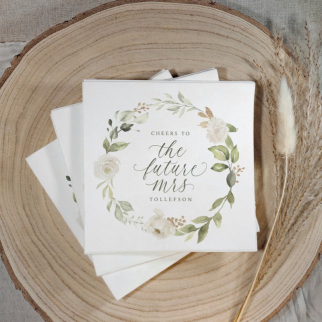 Junggesellinnen-Abschied Die zukünftige Mrs Waterc Serviette (Elegant sage green bridal shower napkin with watercolor floral design and “cheers to the future mrs”)