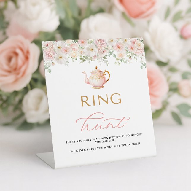 Junggesellinnen-Abschieds-Ring-Suche Sockelschild (Tea Party Bridal Shower Ring Hunt Pedestal Sign)