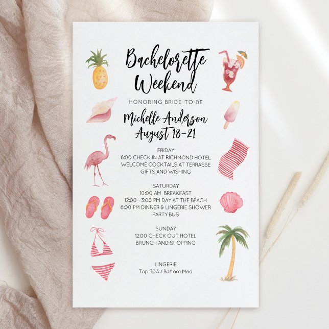 Junggesellinnen-Abschieds-Wochenend-Itinerar Wasse (Watercolor Beach Bachelorette Weekend Itinerary Invite)