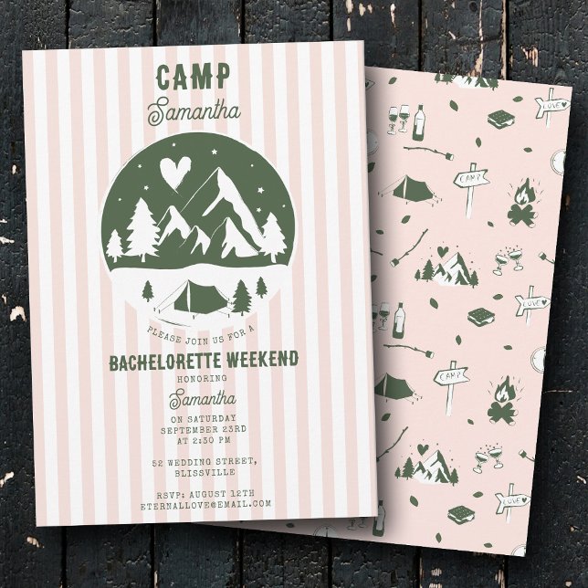 Junggesellinnen-Abschiedsparty Camping Bach Wochen Einladung (Camp Bachelorette Party Camping Bach Weekend Pink Invitation)