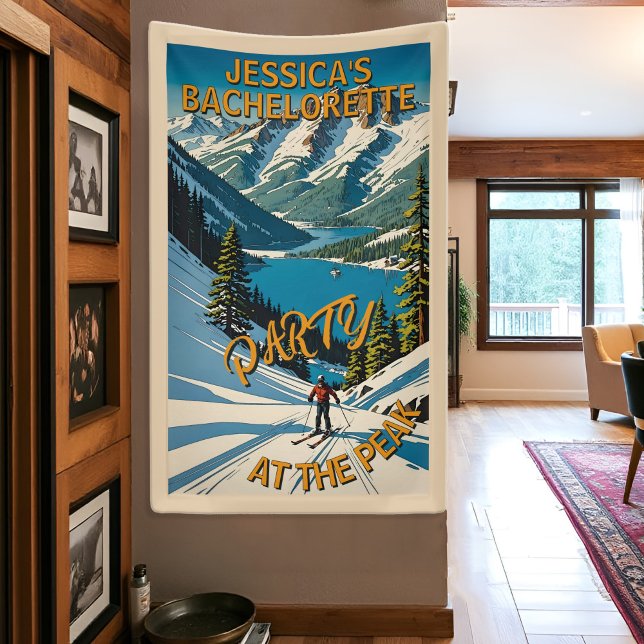 Junggesellinnen Ski Party im Vintage Lake Tahoe Ge Banner (Personalized bachelorette ski party banner with vintage Lake Tahoe art - "Party at the Peak")