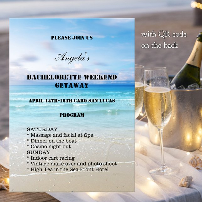 Junggesellinnen Strandwochenende Vorlage Einladung (Bachelorette weekend getaway invitation program template with a colorful painting of a beach)