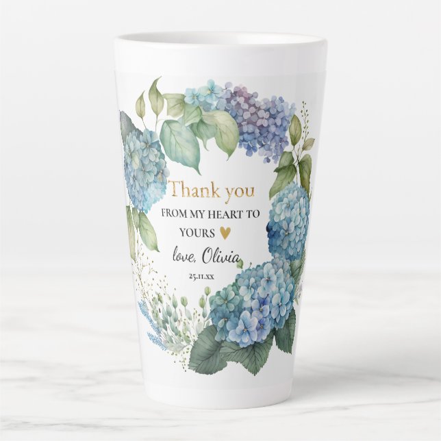 Junggesellinnenabschied Blaue Hortensien Danke Milchtasse (Vorderseite)