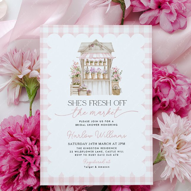 Junggesellinnenabschied Frisch vom Markt Blumenmar Einladung (Pink Gingham Flower Cart Bridal Shower Invitation )