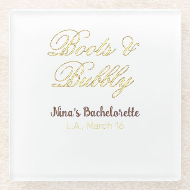 Junggesellinnenabschied-Name Boots & Bubble gelb g Glasuntersetzer (Vorderseite)