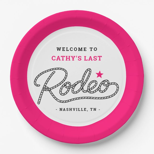 Junggesellinnenabschied Pink Her Last Rodeo Pappteller (Vorderseite)