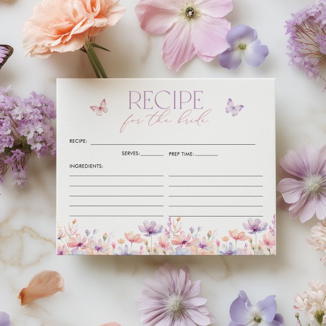 Junggesellinnenabschied Rezeptkarte Lebenslange Sc (Bridal Shower Recipe Card | Pastel wildflower butterfly theme | Here's to a lifetime of butterflies)