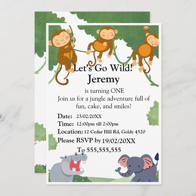 Jungle 1st Birthday Invitation | First Birthday In Einladung (Vorne/Hinten)