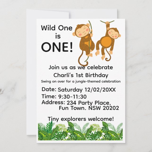 Jungle 1st Birthday Invitation | Wild One First  Einladung (Vorderseite)