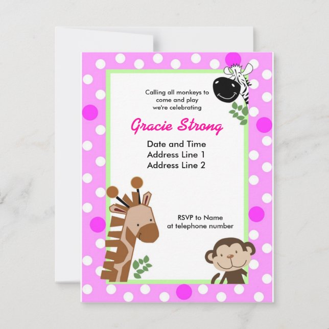 Jungle Adventure Pink Safari Einladung zum Geburts (Vorderseite)